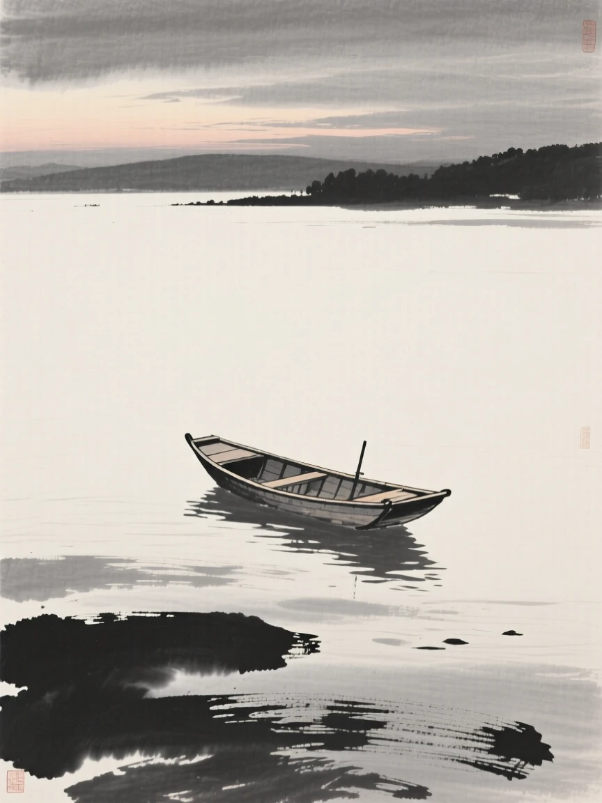 A single empty boat drifting on a still lake as evening settles quietly over the land, composed with vast open space to emphasize solitude, carrying a hushed, contemplative silence.