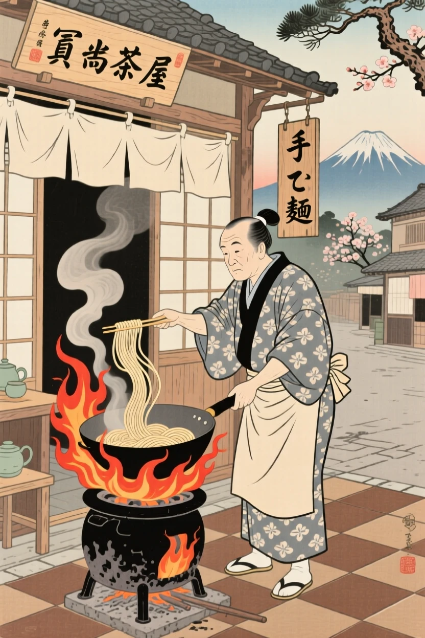 A tea shop owner flipping noodles in a wok over roaring flames.
