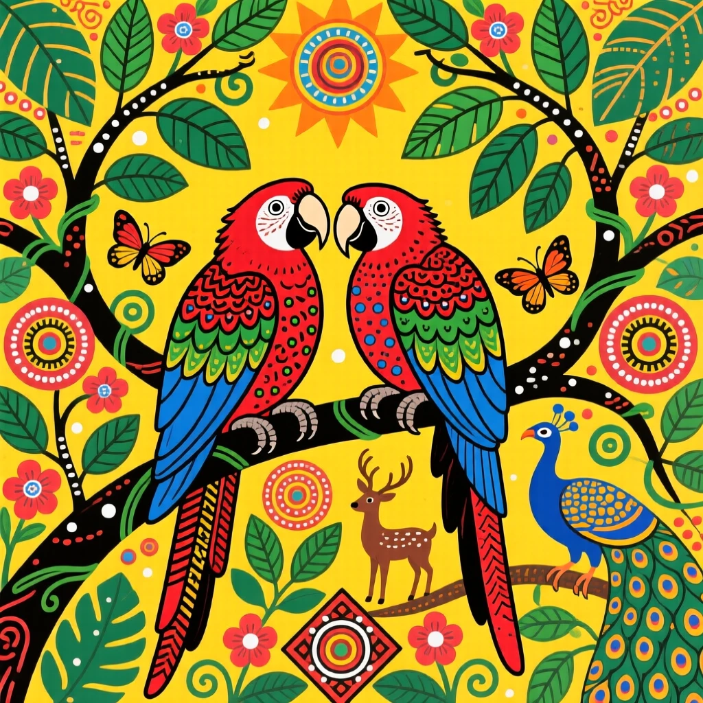 A macaw pair perched together in a sunlit jungle canopy.