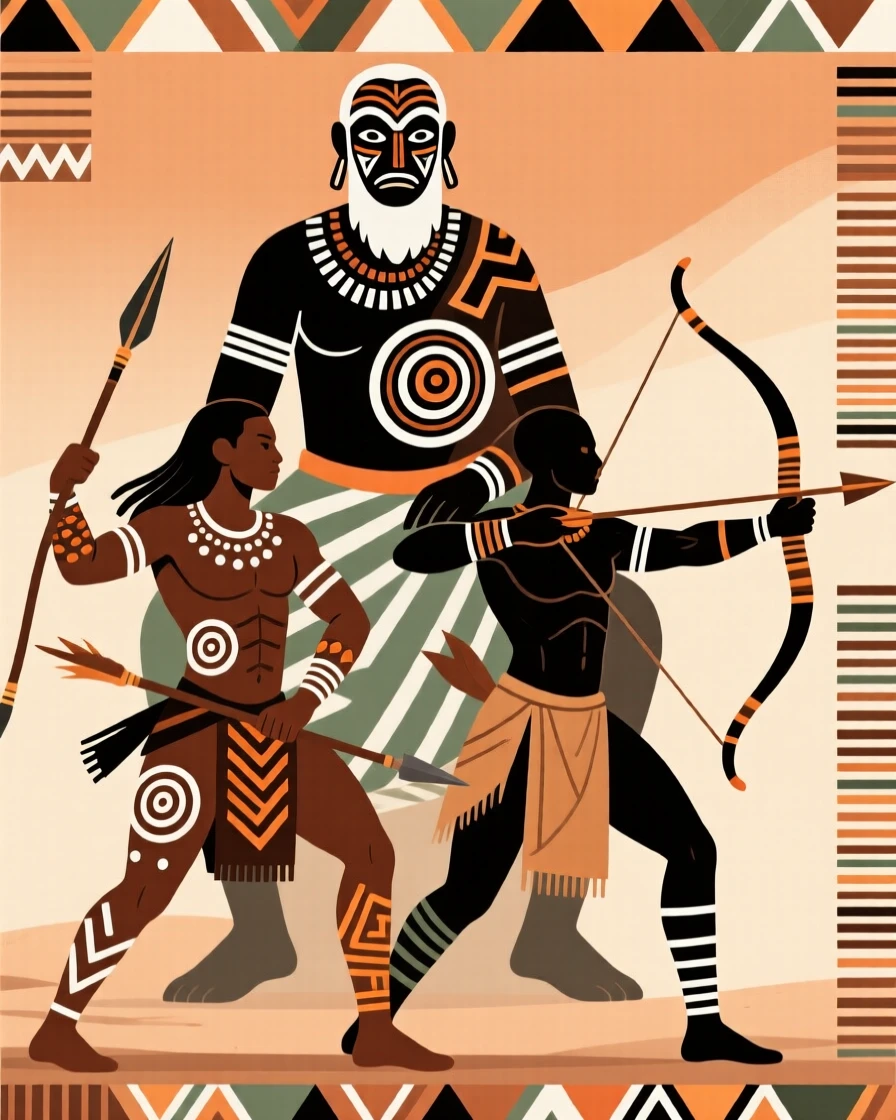 A pair of hunters training beneath the watchful eye of an elder.