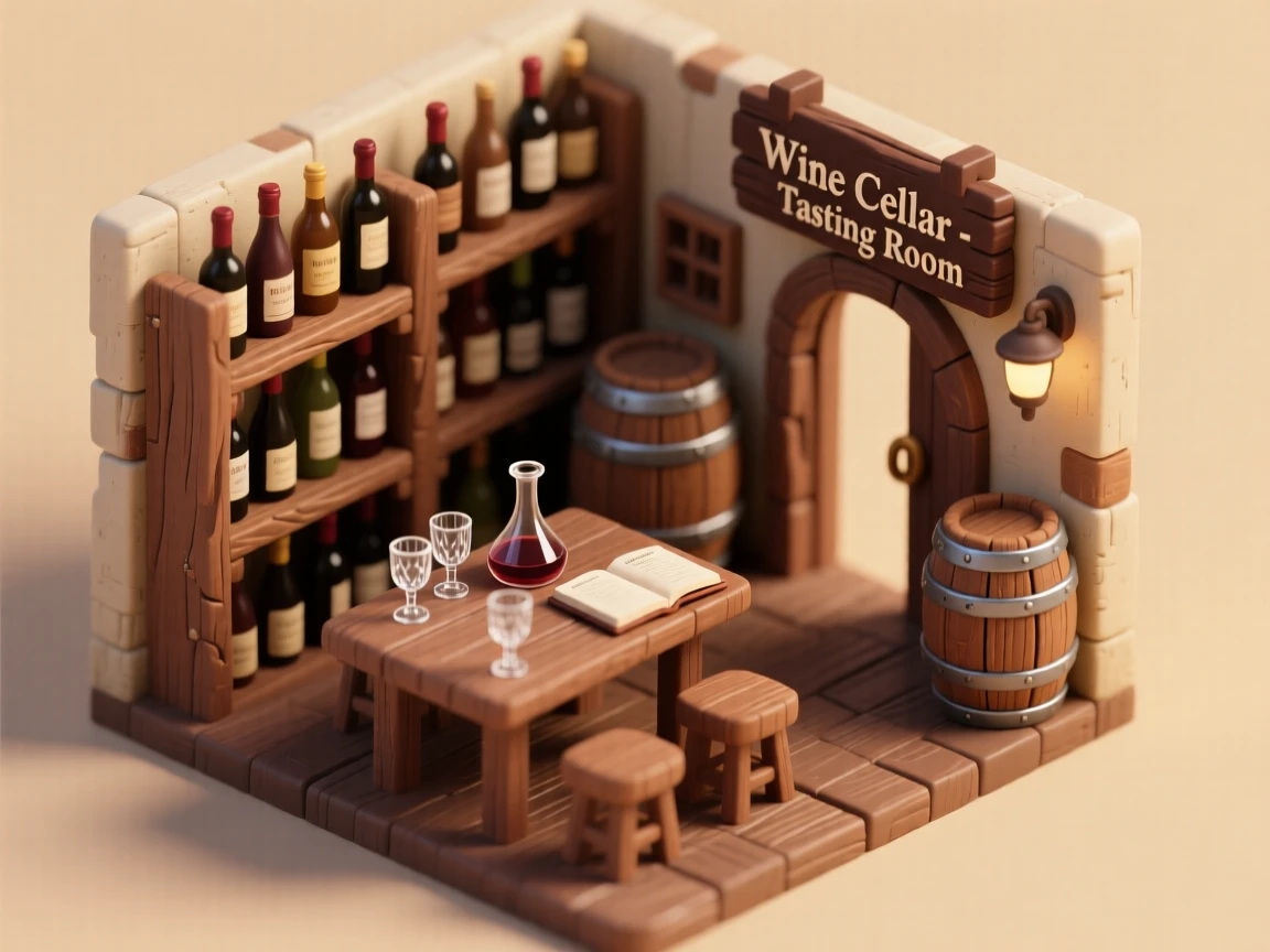 A rustic wine cellar shop with dusty bottles lining wooden racks, barrels stacked in the corner, and a tasting table set with glasses.