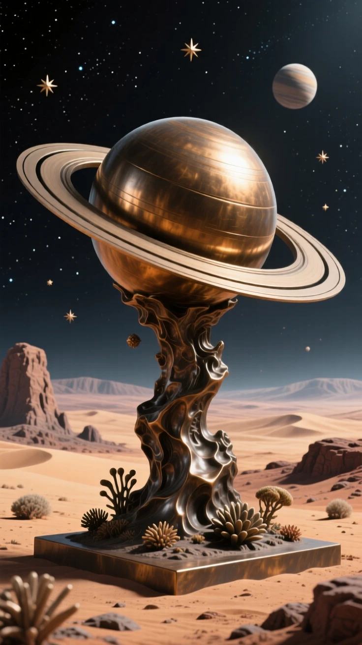 A ringed planet rising above an alien desert landscape, rendered with vast cosmic scale and radiant color, evoking wonder at the universe
