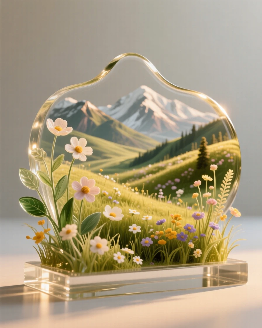 A mountain meadow bursting with spring wildflowers, captured in soft golden light with layers of atmospheric depth, evoking peace and quiet grandeur.