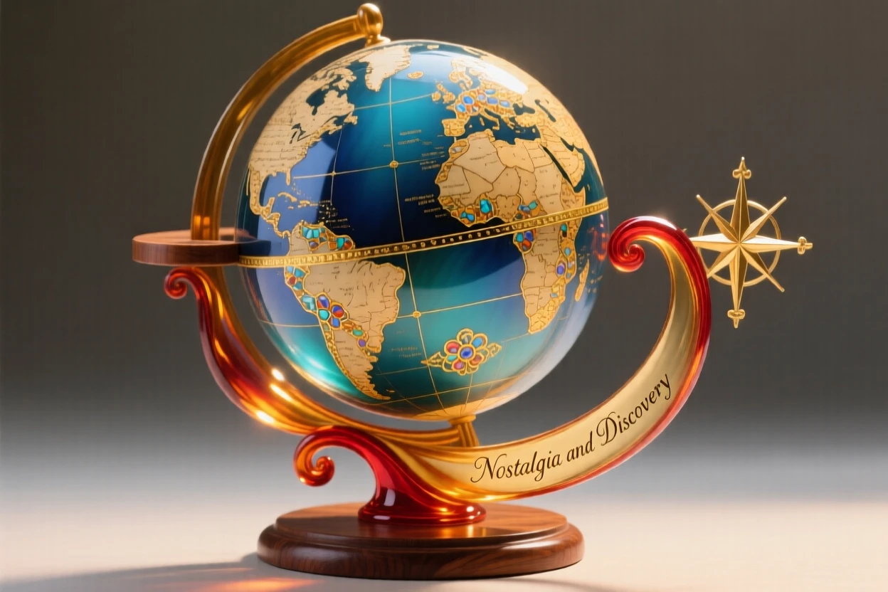 A vintage globe spinning gently on a wooden stand, nostalgic and adventurous.