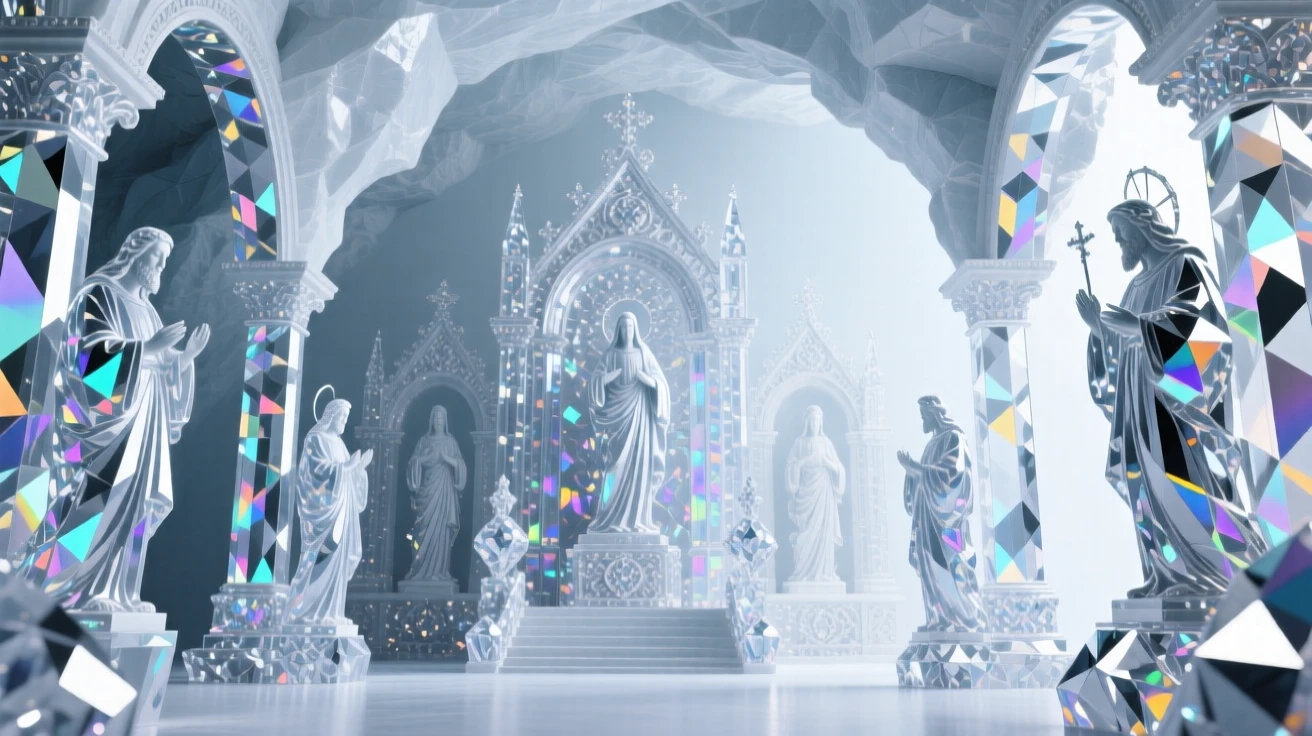 A dramatic underground salt cathedral carved with ornate religious sculptures.