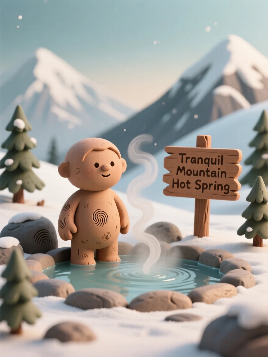 A tranquil mountain hot spring steaming in cold winter air