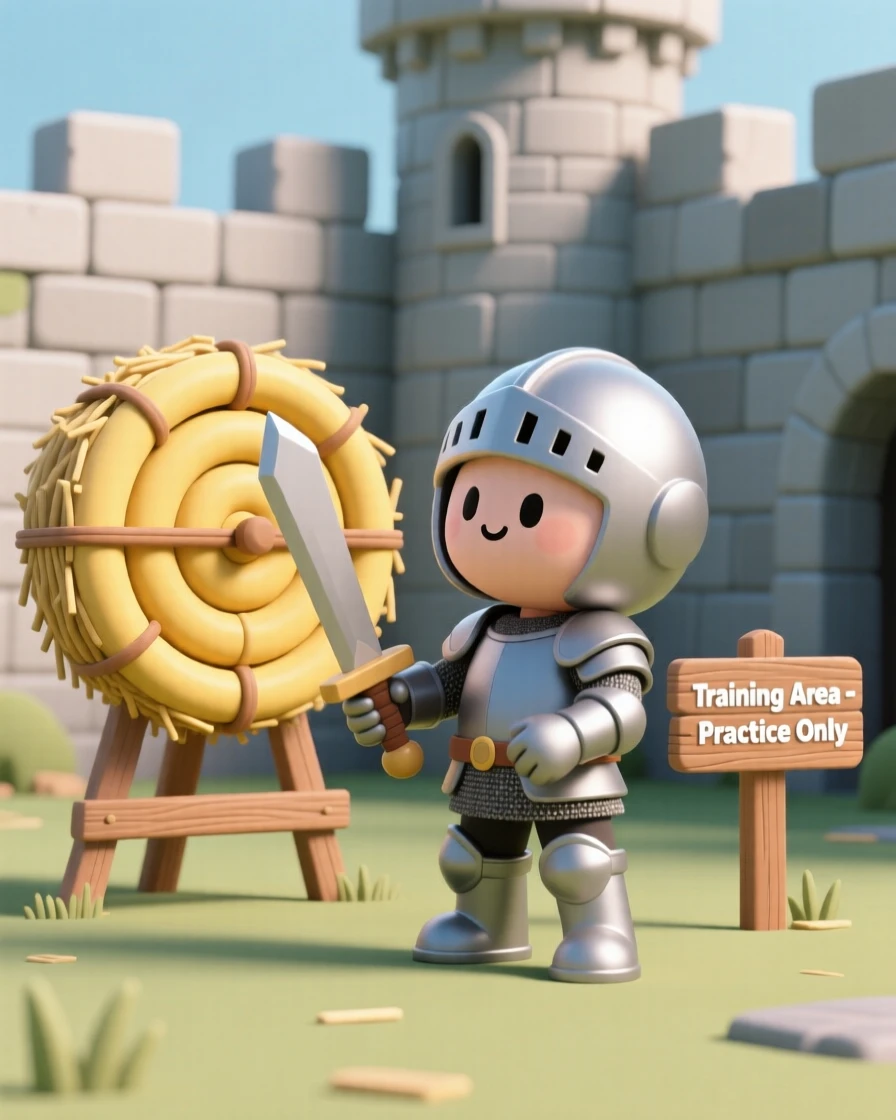 A determined knight trains with a wooden practice sword against a straw-filled target in a castle yard.