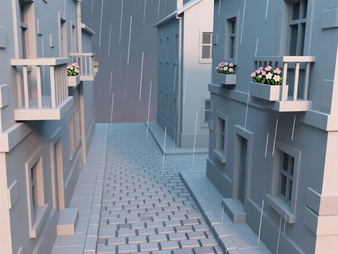 A quiet cobblestone alley lined with flowering balconies, under a gentle evening rain. fine architectural details are rendered with clarity. It captures a feeling of quiet discovery.