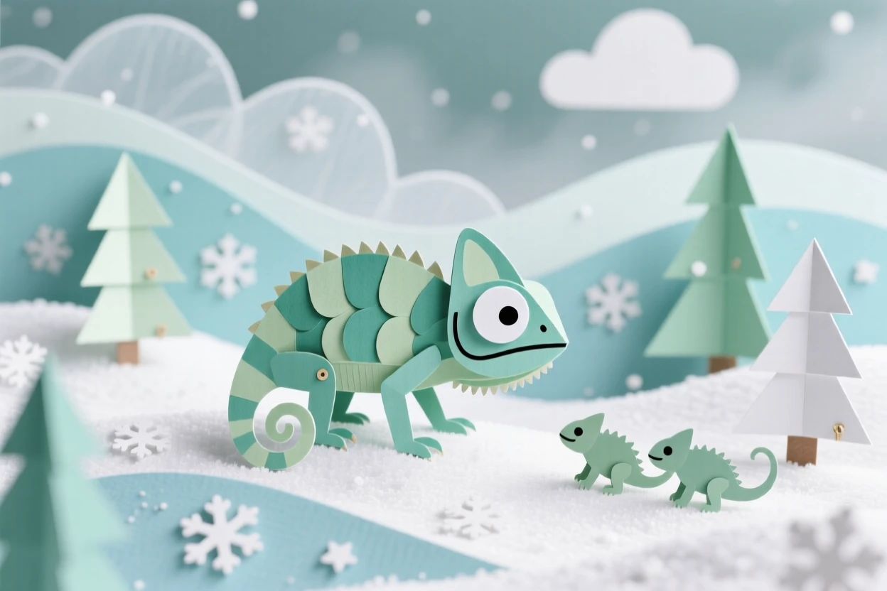 A tiny chameleon wandering through a snowy landscape, with mist rising gently in the background, evoking tenderness and family bonds.