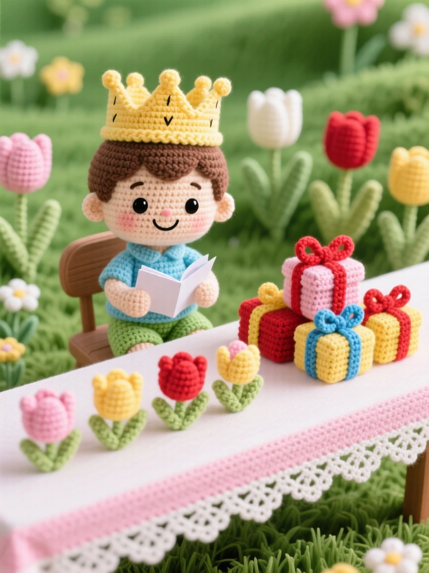 a small boy holding a paper crown for a birthday, with a wide happy grin, is shown sitting at the head of a decorated table in a blooming spring garden full of tulips beside a small pile of wrapped presents, capturing the joyful anticipation of a favorite season.