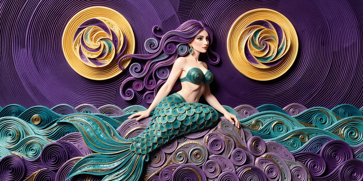 a mermaid perched on a rock beside a moonlit sea, beneath a sky filled with two glowing moons, captured in an intimate close-up glowing softly, in a glowing palette of violet, teal, and gold.