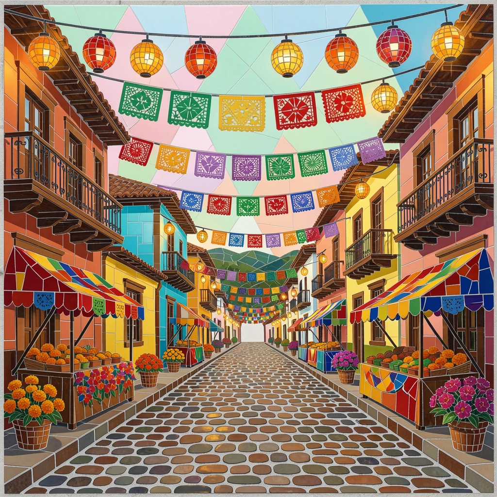 The vibrant streets of a colonial town in Mexico decorated for a festival.