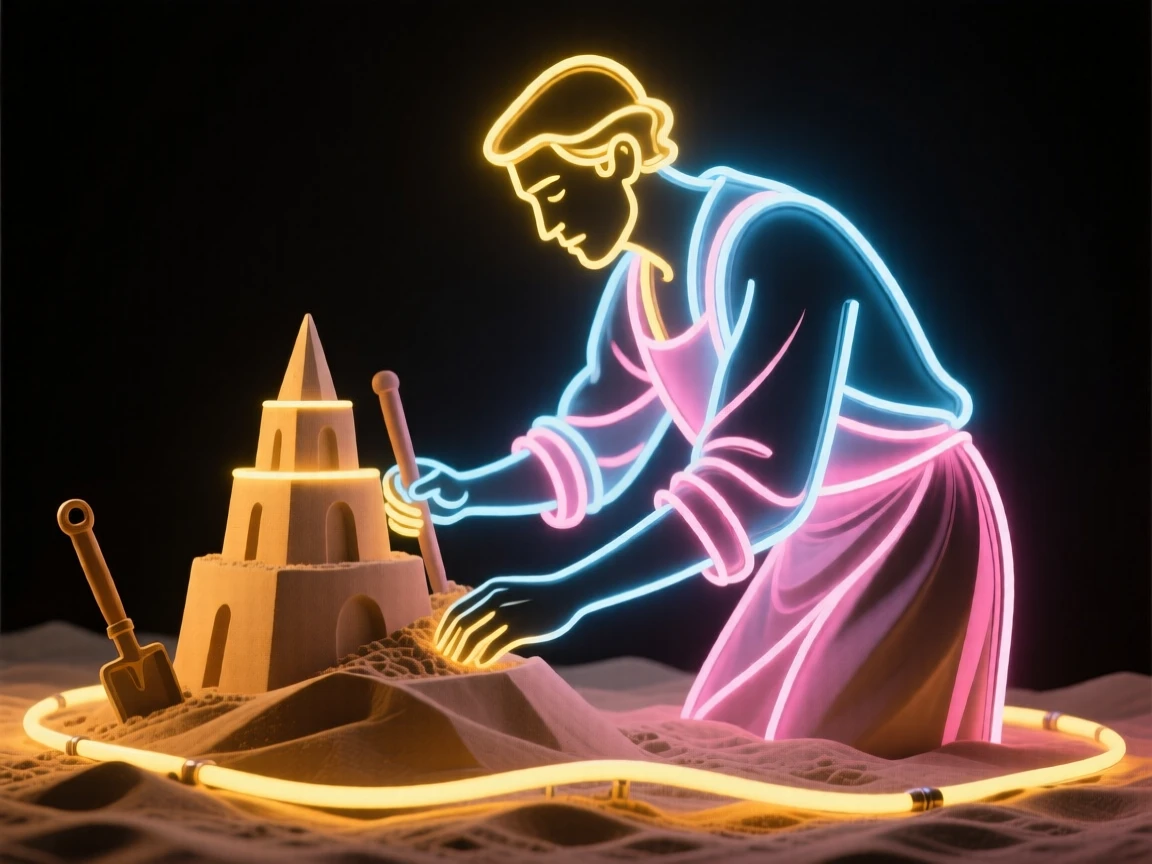 A sand sculptor captured mid-action during a quiet moment of work.