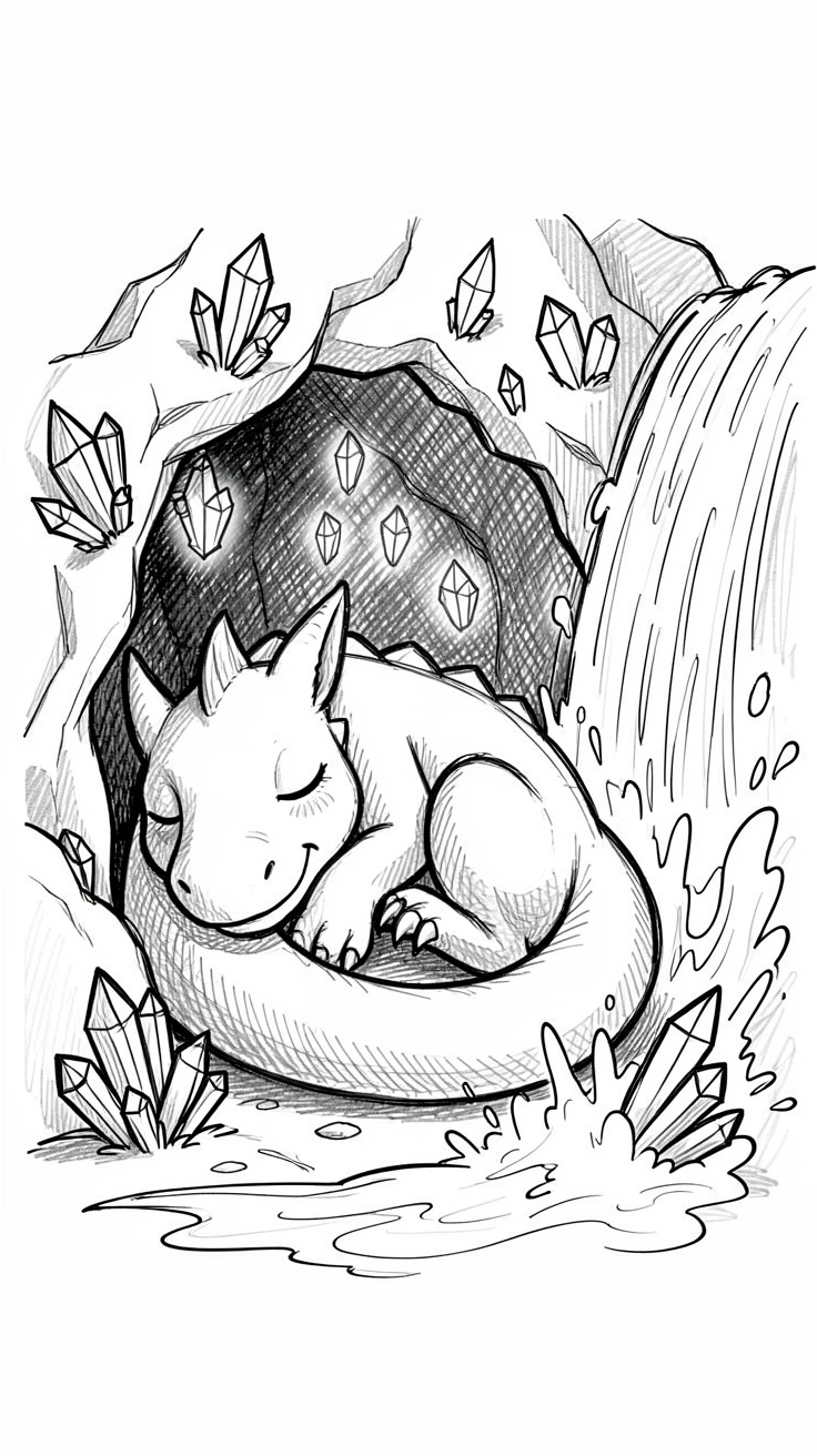 A dragon curled asleep in a cave lit by glowing crystals beside a roaring waterfall.