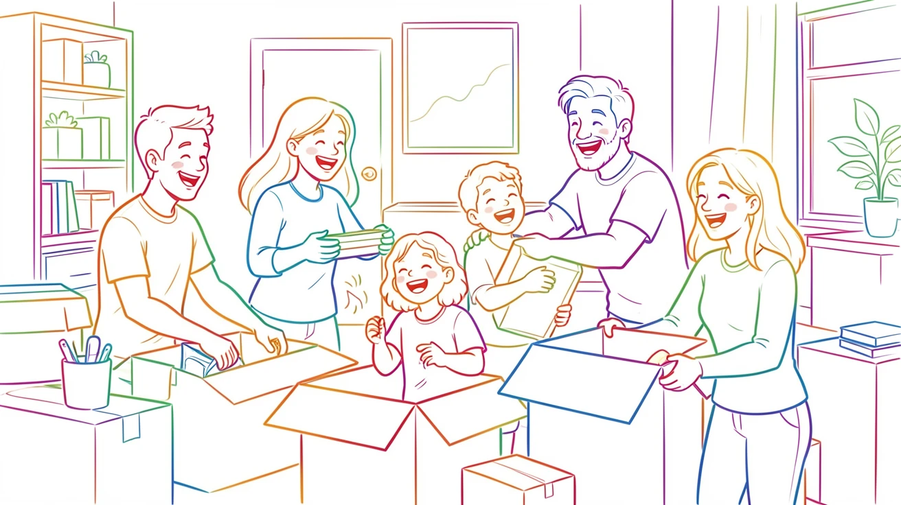 A family unpacking moving boxes in a new home, laughing amid the chaos.