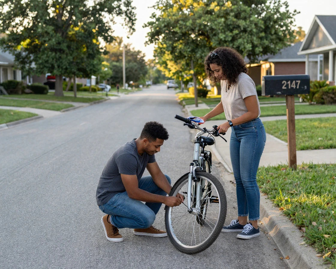 Two friends repair a flat bicycle tire together on the side of a quiet road.