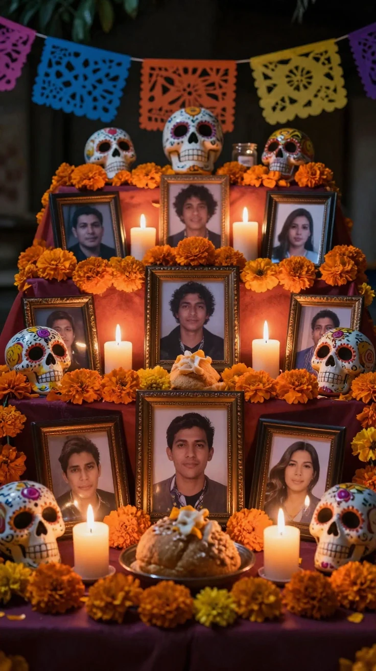 A Day of the Dead altar decorated with marigolds, candles, and photographs