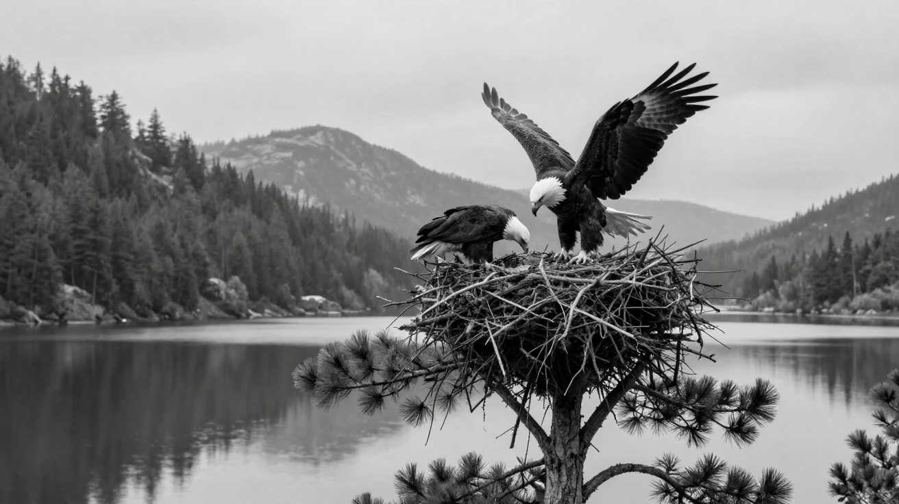 A pair of bald eagles builds a massive nest atop a pine beside a quiet mountain lake.