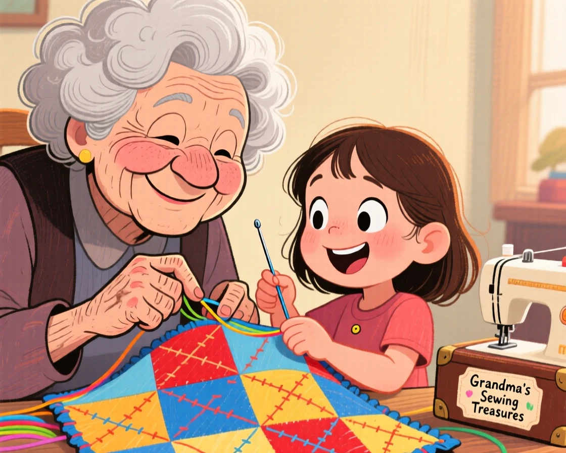 A grandmother teaching her granddaughter to sew her first quilt patch.