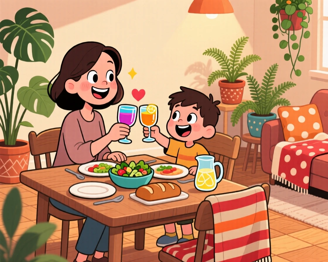 A heartwarming scene of a single mother and her son celebrating with a toast around the dinner table, surrounded by house plants and cozy blankets.