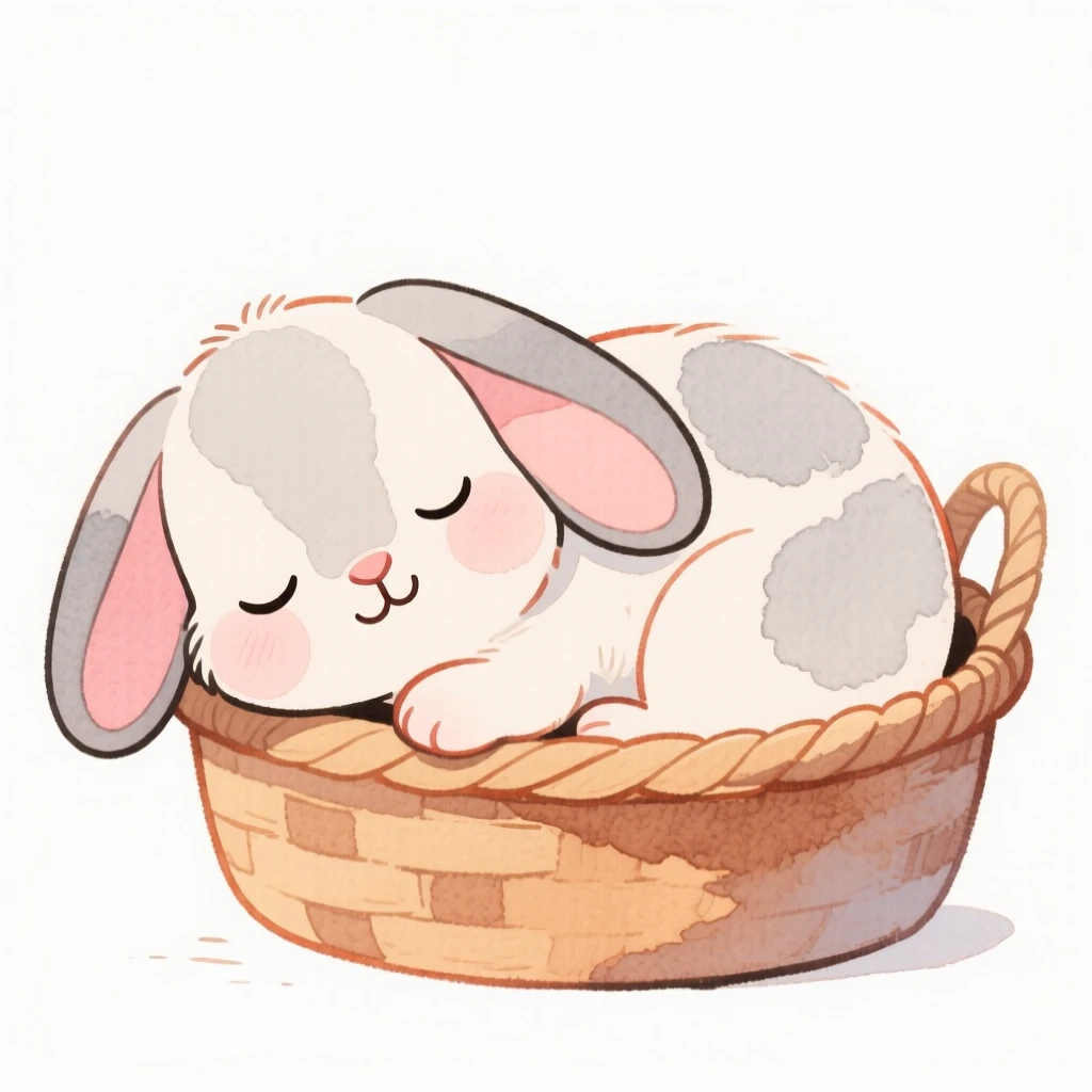 A floppy-eared bunny curled up asleep in a cozy basket
