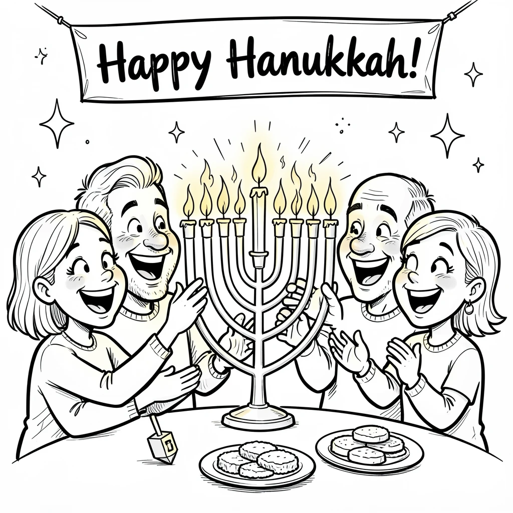 [Seasonal Holidays & Celebrations] Festive scene of a family lighting candles together during a Hanukkah celebration, full of celebration and joy