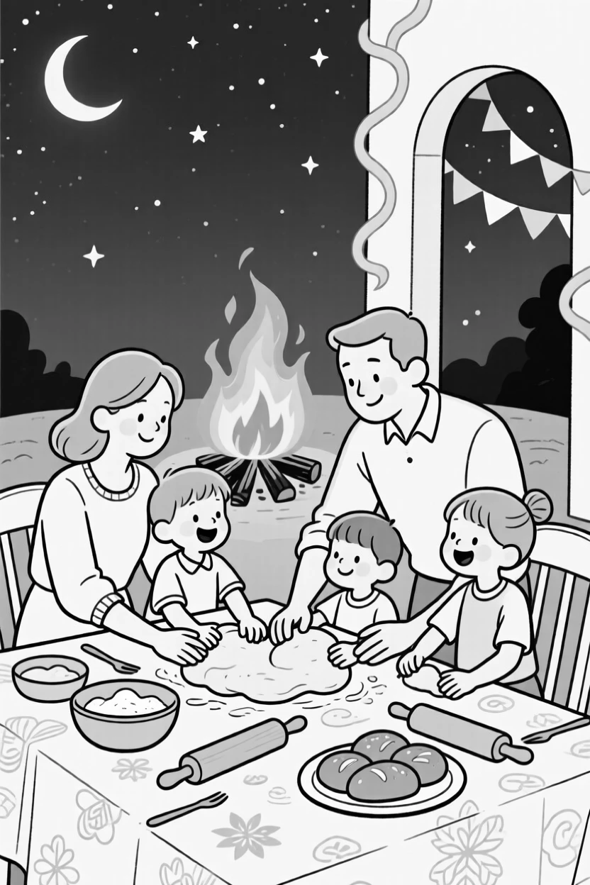 A family gathered around a beautifully set holiday table, guiding small hands through kneading dough, set around a roaring bonfire under starry skies. Paper streamers flutter from a nearby archway. It radiates the timeless magic of coming together to celebrate.