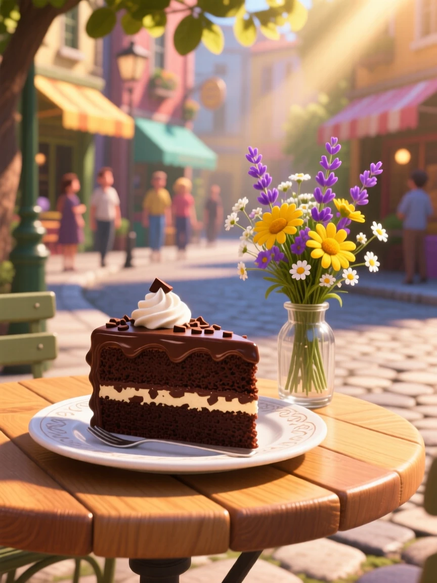A slice of rich chocolate layer cake sits at a sunny outdoor cafe table, with a small vase of wildflowers nearby. The mood is festive and appetizing.