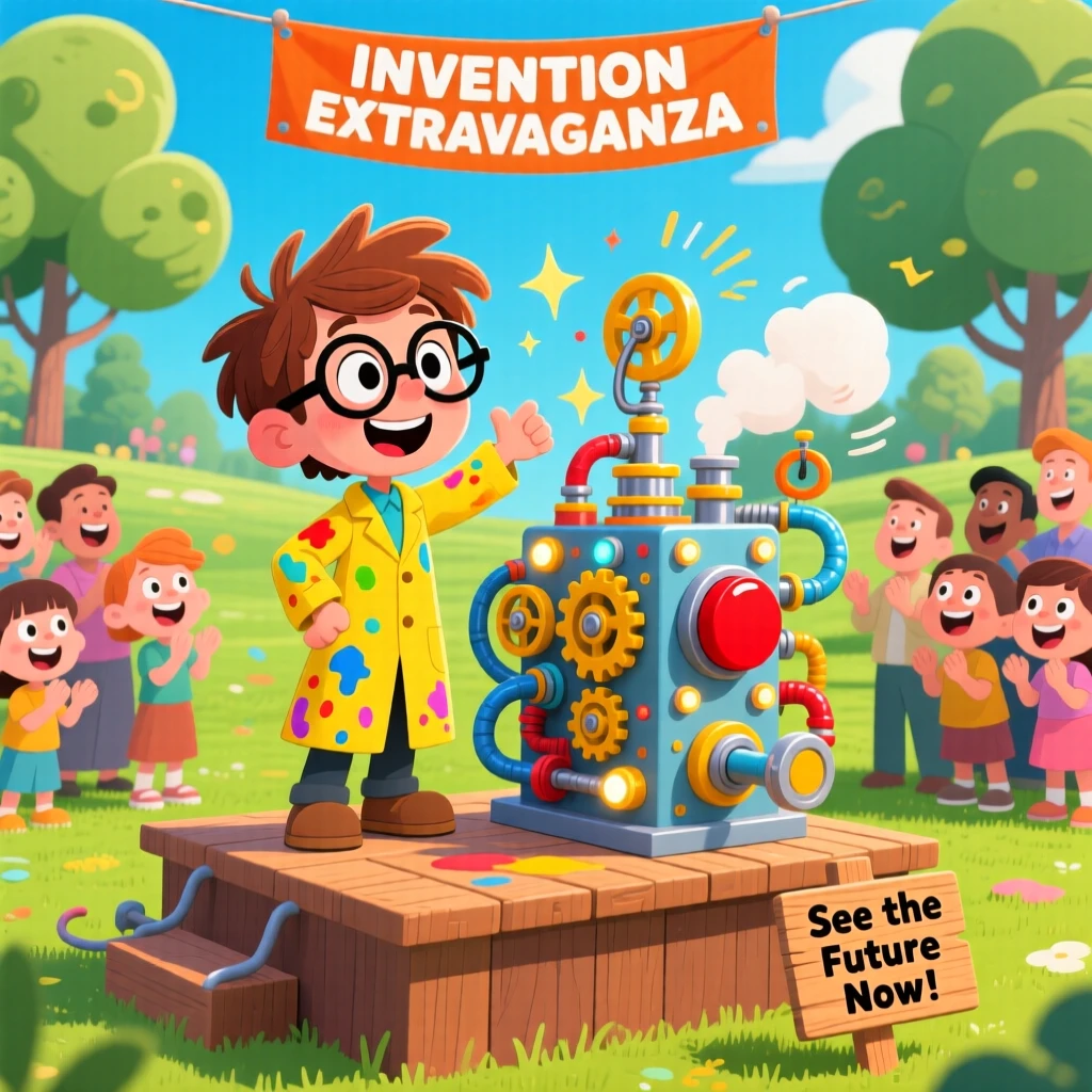 A young inventor unveiling a homemade contraption to an amazed crowd.