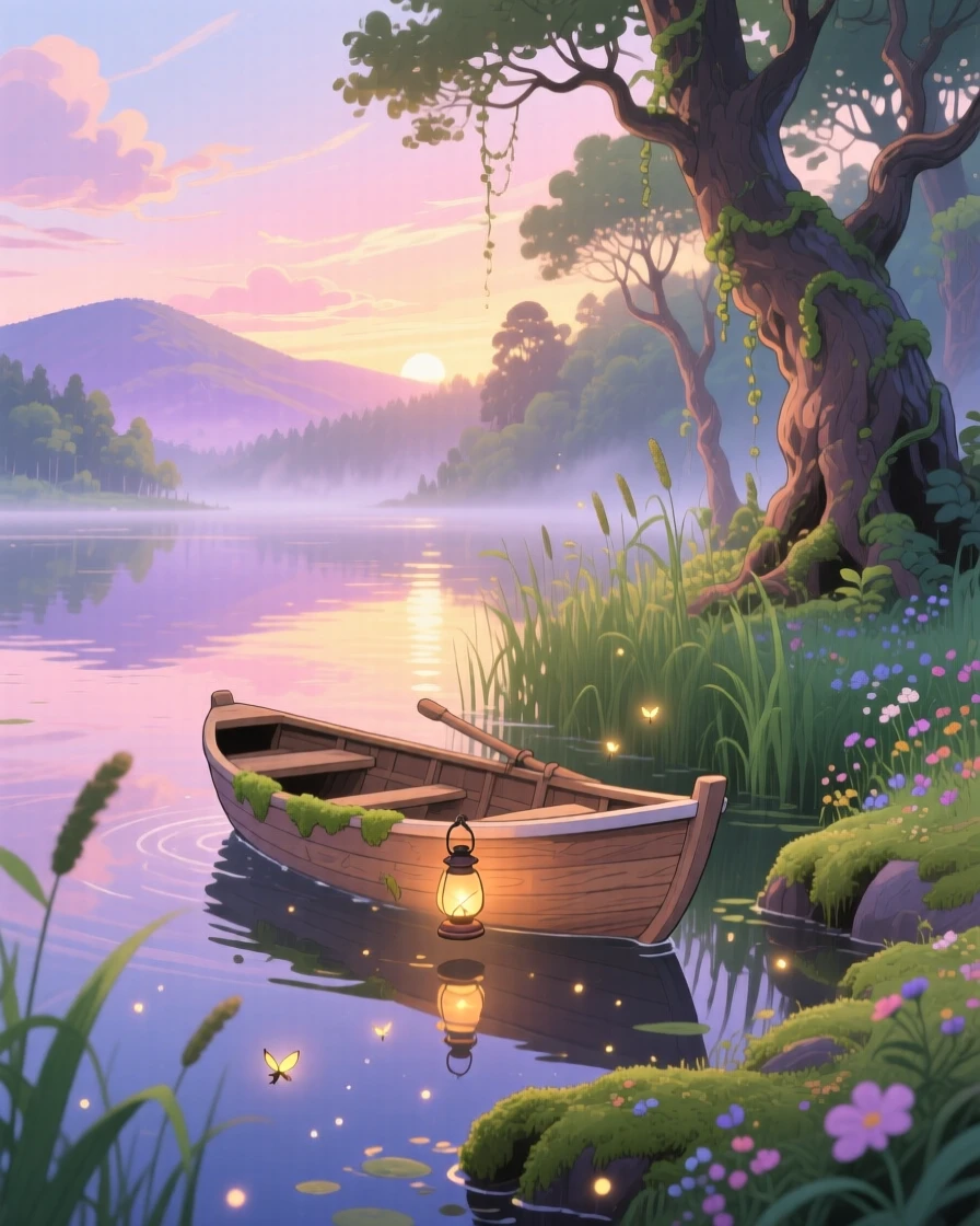 A charming scene of a rowboat resting on the shore of a quiet lake at dawn, reflected in the still water below.