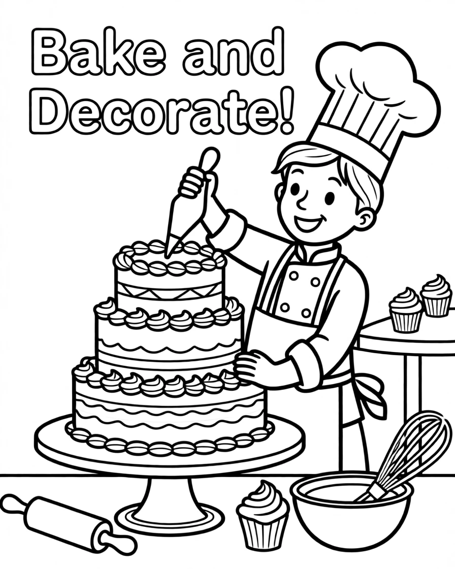 A pastry chef piping frosting onto a tiered cake