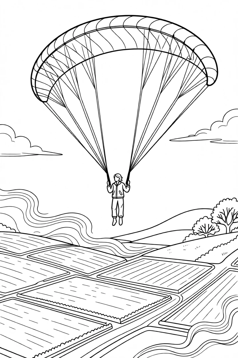 A paraglider drifting above a patchwork of green valleys, with mist rolling gently across the ground.