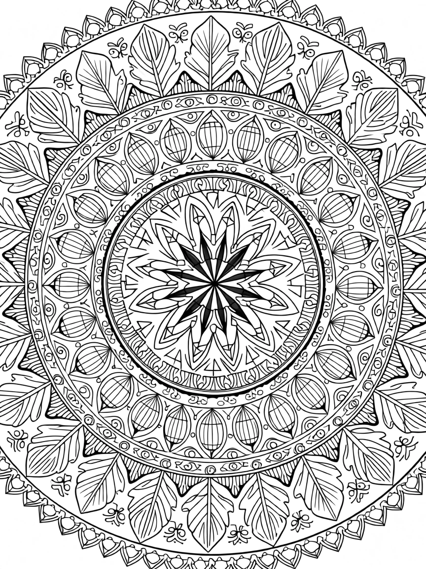 A mandala composed of nested acorn and oak leaf shapes.