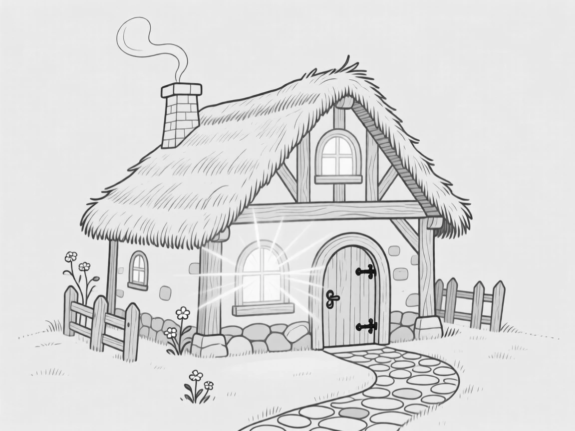 A fairy tale cottage with a thatched roof and glowing windows