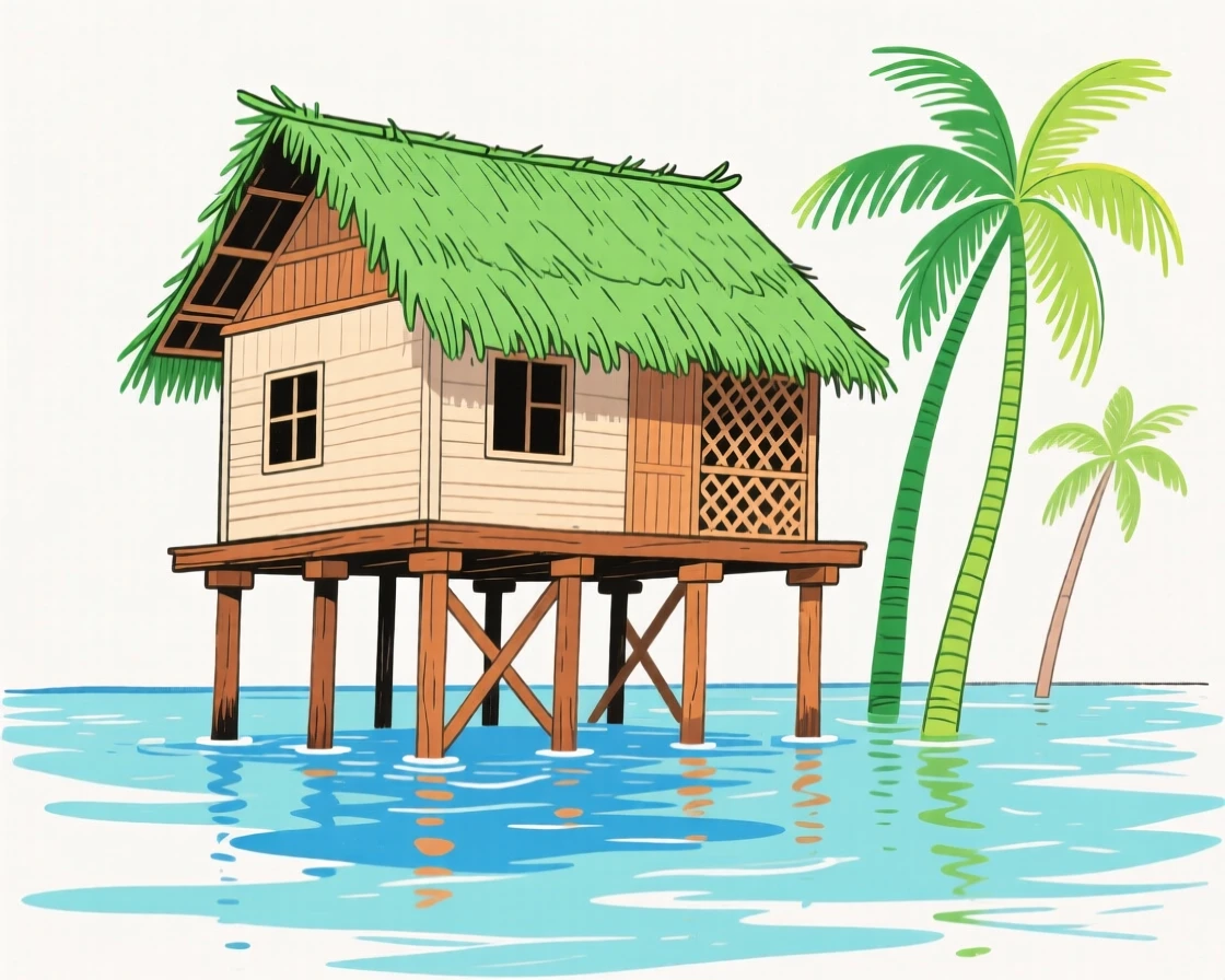 A traditional stilt house built over calm tropical waters.
