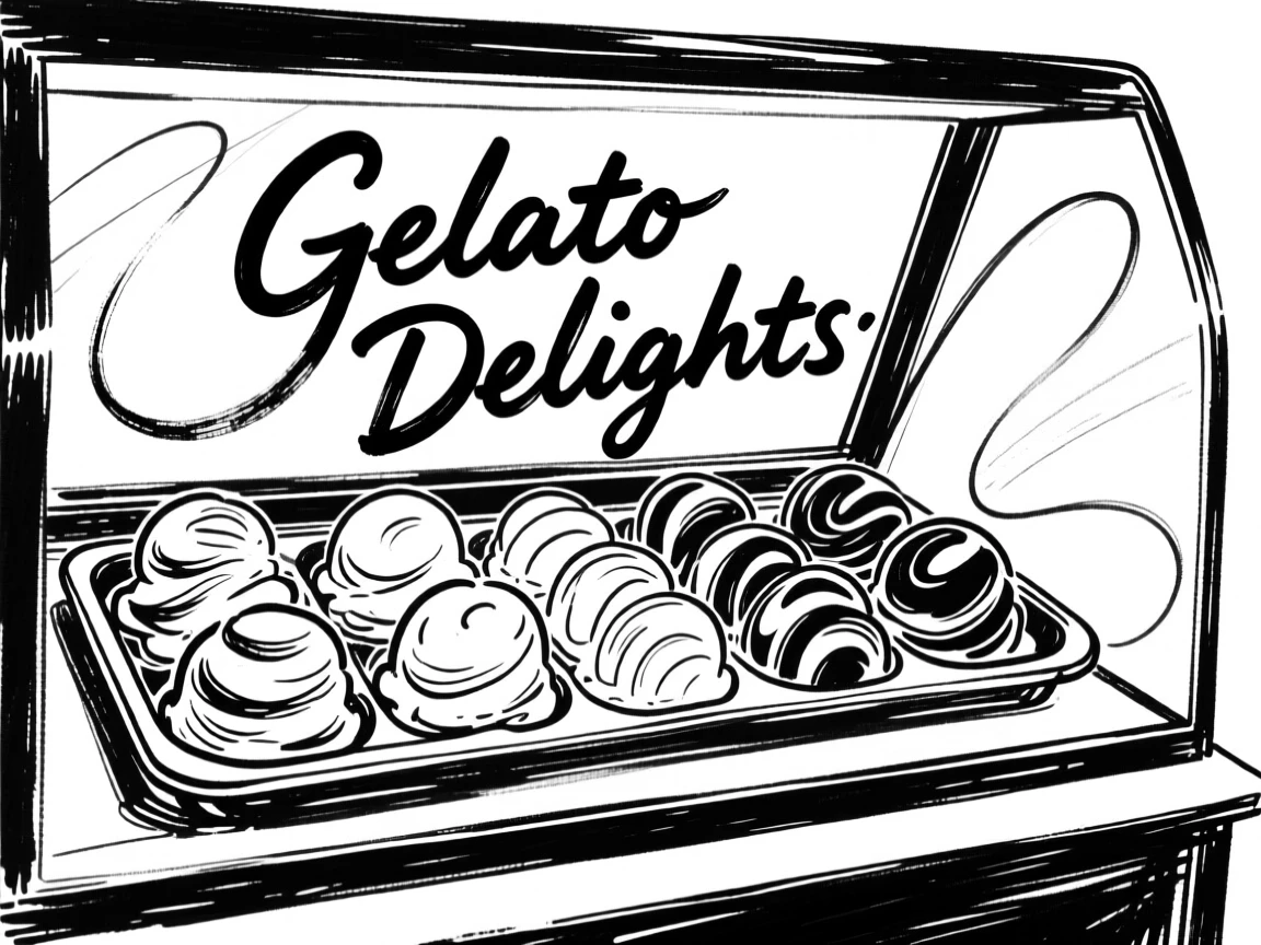 A tray of colorful gelato scoops in a display case.