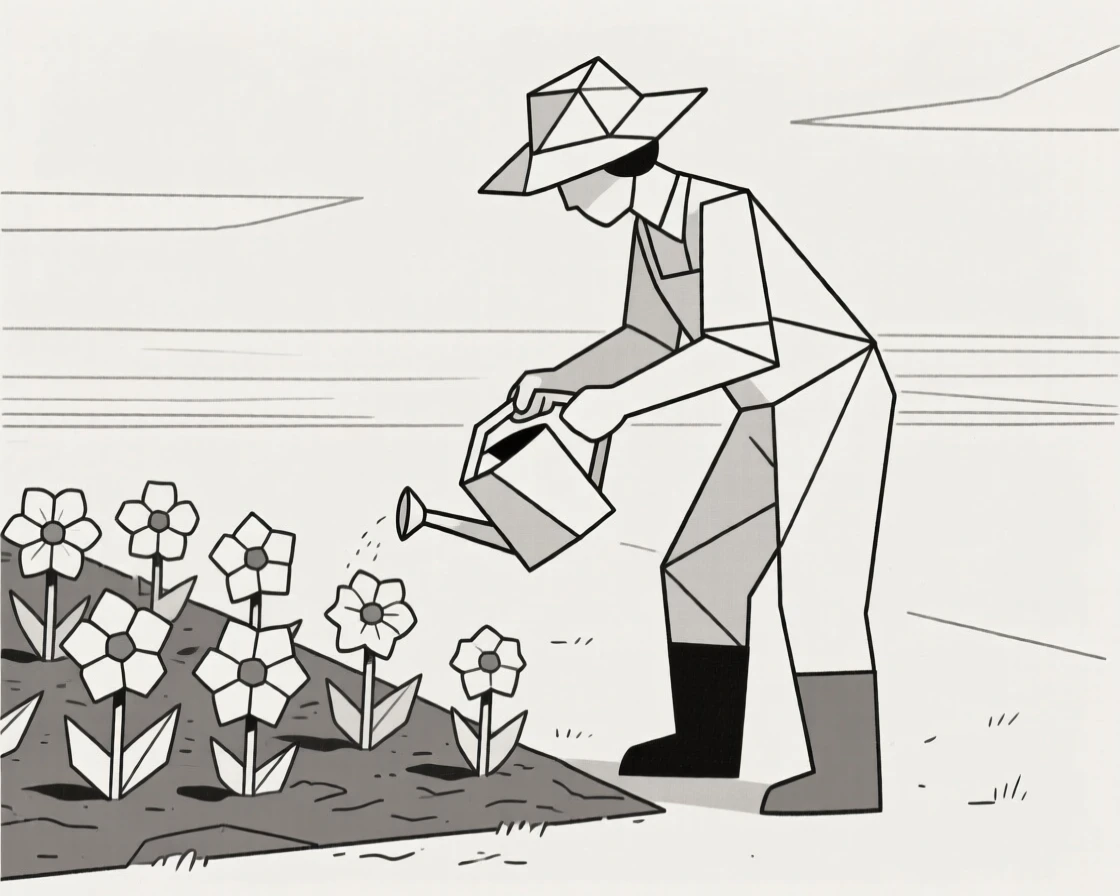 A gardener tending to a blooming flower bed