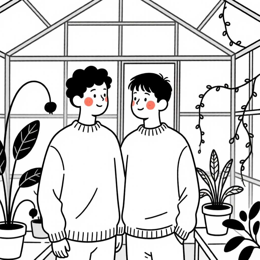 Twin brothers of Brazilian heritage in a cozy oversized sweater, glowing with nostalgia, in a botanical garden greenhouse.