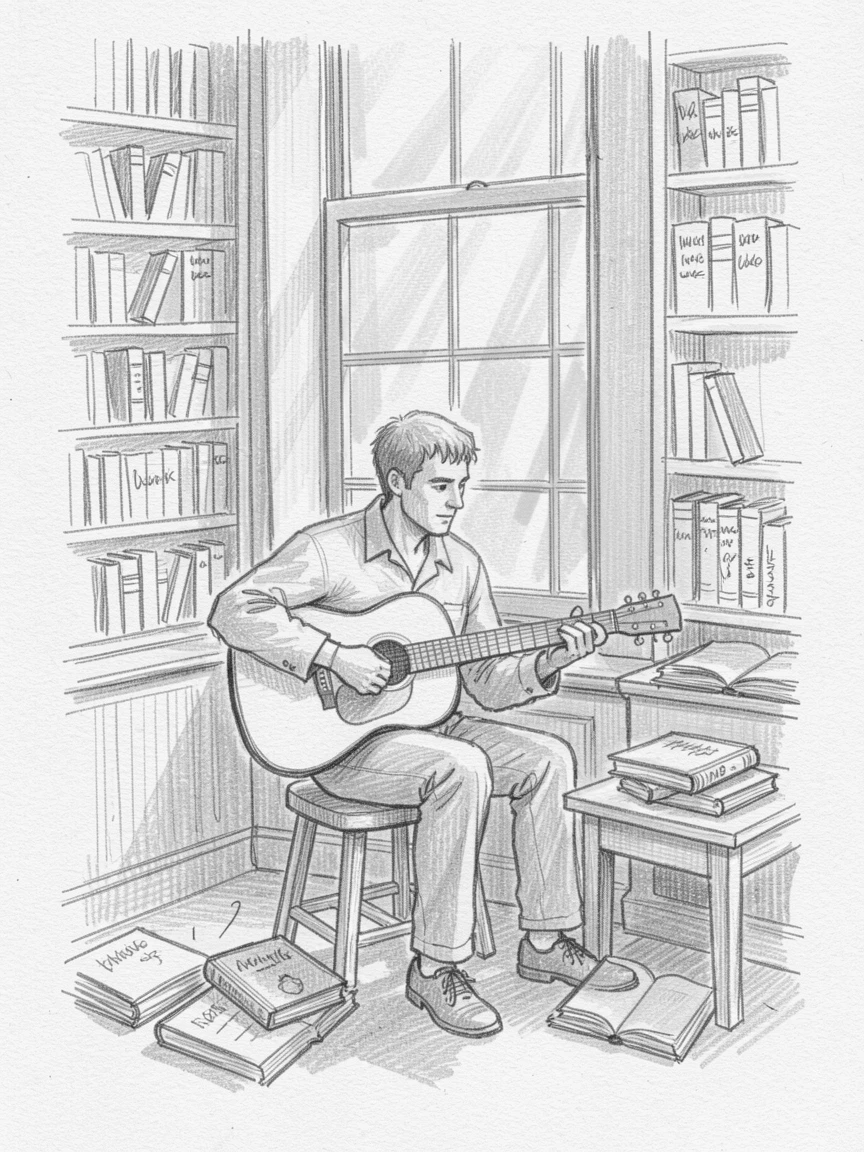 A musician busking on a city corner, in an old-fashioned bookstore, with golden morning light streaming through windows.