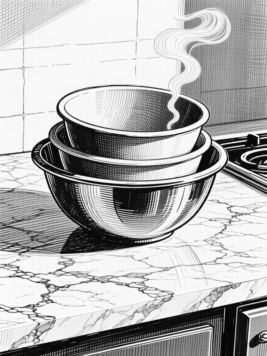 A set of nested mixing bowls set on a marble countertop, with steam curling gently upward nearby, forming a quietly nostalgic still-life study.