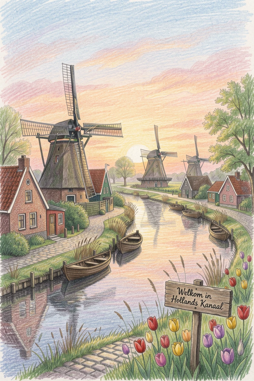 A traditional Dutch windmill village along a canal at sunset, filled with vibrant, culturally rich visual elements, designed to feel majestic, respectful, and storytelling-rich.