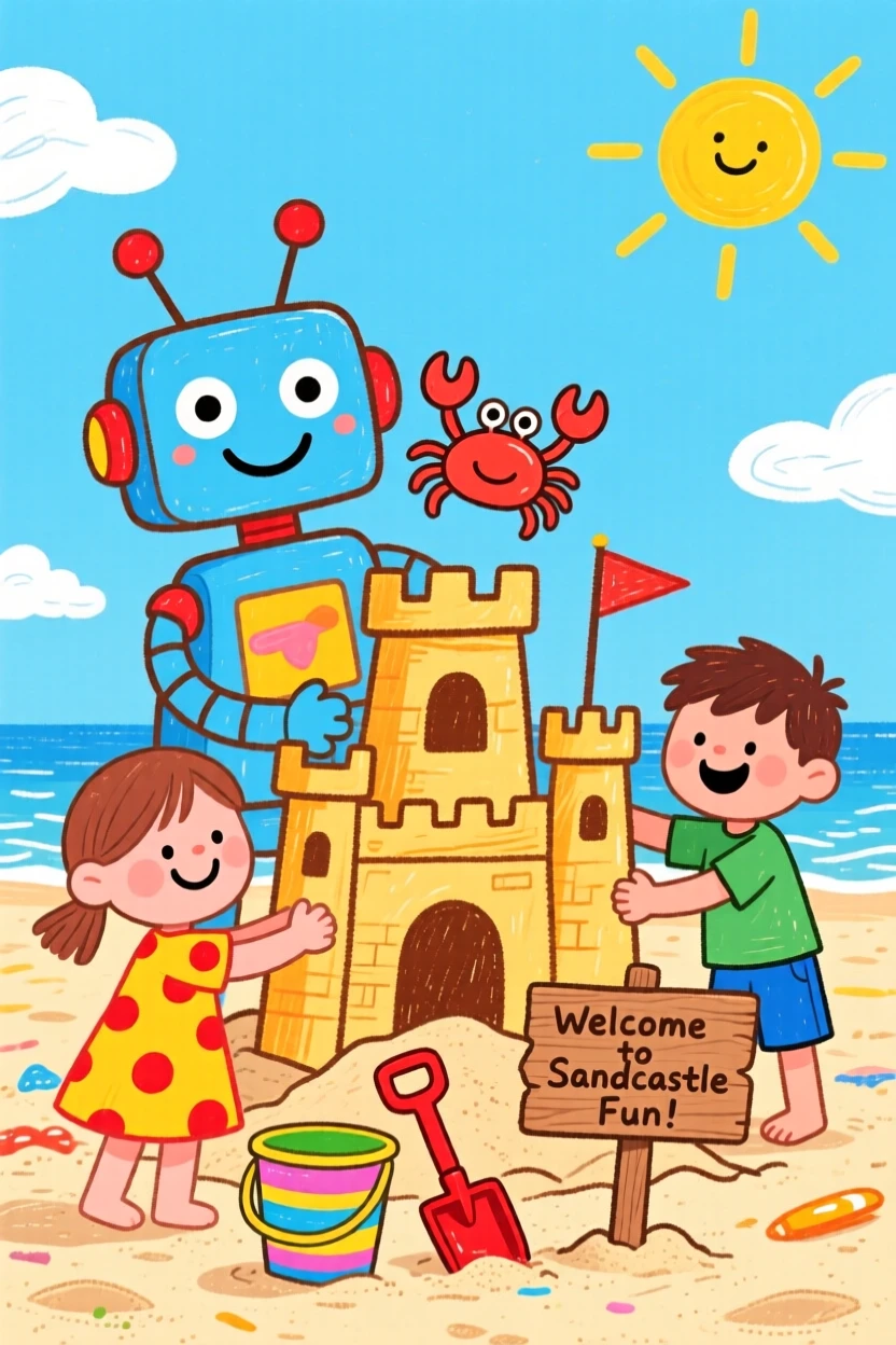 A friendly robot building a sandcastle with children on a beach.