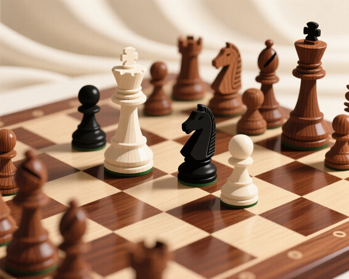 A hand-carved wooden chess set mid-game, set against a backdrop of soft draped fabric, captured with a close, detailed focus, with a clean, elegant simplicity.