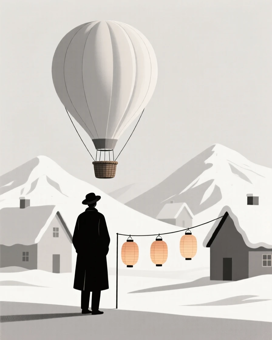 A traveler standing before a hot air balloon rising in a snow-covered alpine village, with strings of paper lanterns nearby, feeling timeless nostalgia.