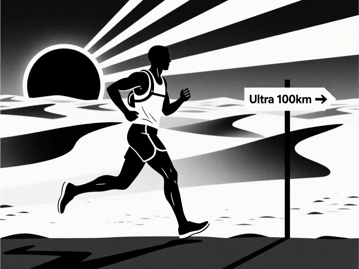 An ultra-marathon runner crossing a desert landscape.