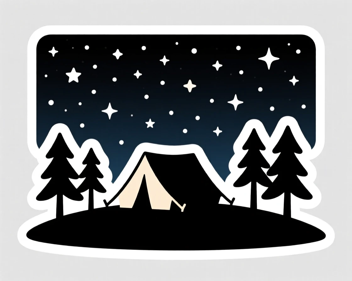 A calm and quiet starry night sky over a campsite, under a blanket of twinkling stars, on a peaceful weekend getaway.