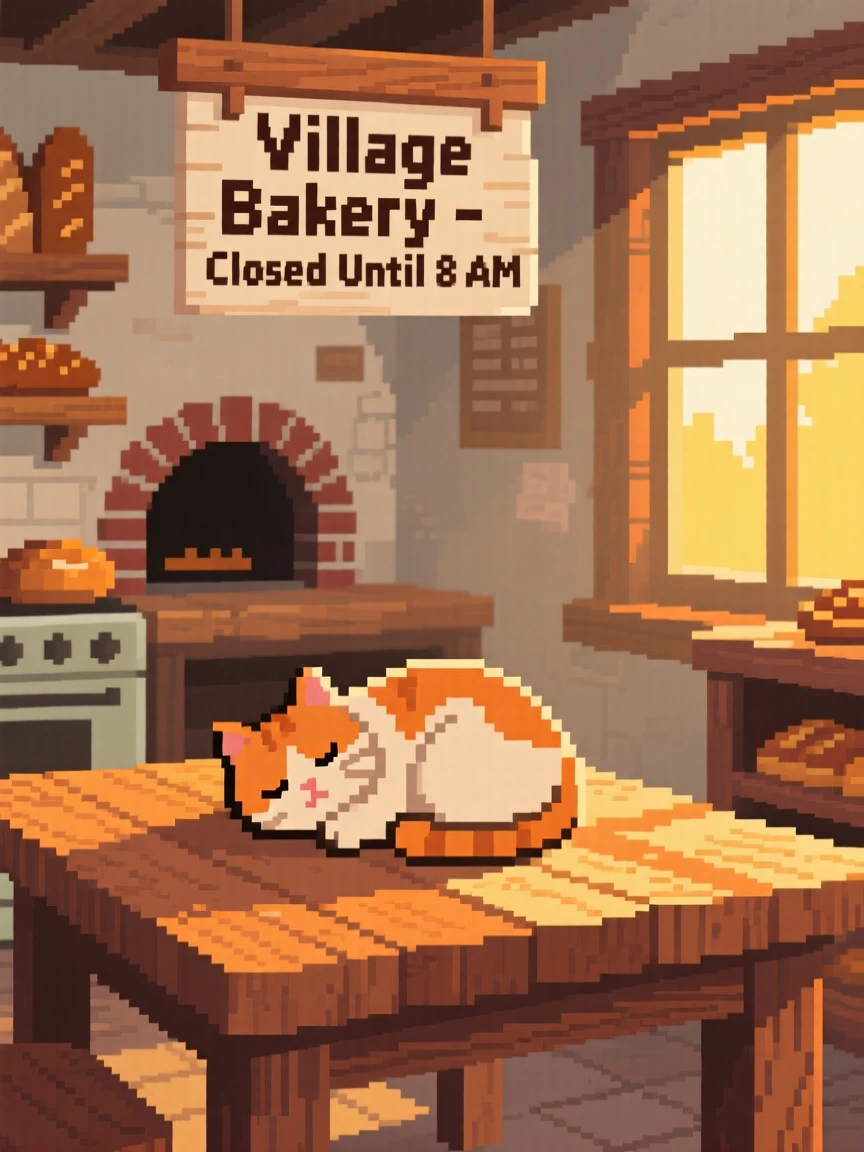 A warm kitchen table holding a sleeping cat curled in sunlight, in a village bakery before opening hours.