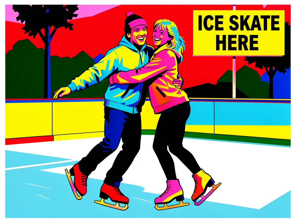 Couple ice skating together at an outdoor rink