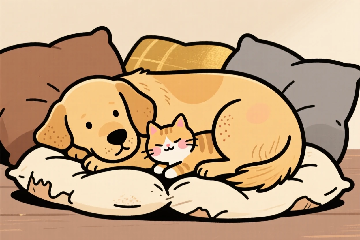 A golden retriever curls up beside a sleeping kitten on a pile of cushions, both worn out after an afternoon of exploring the barn.