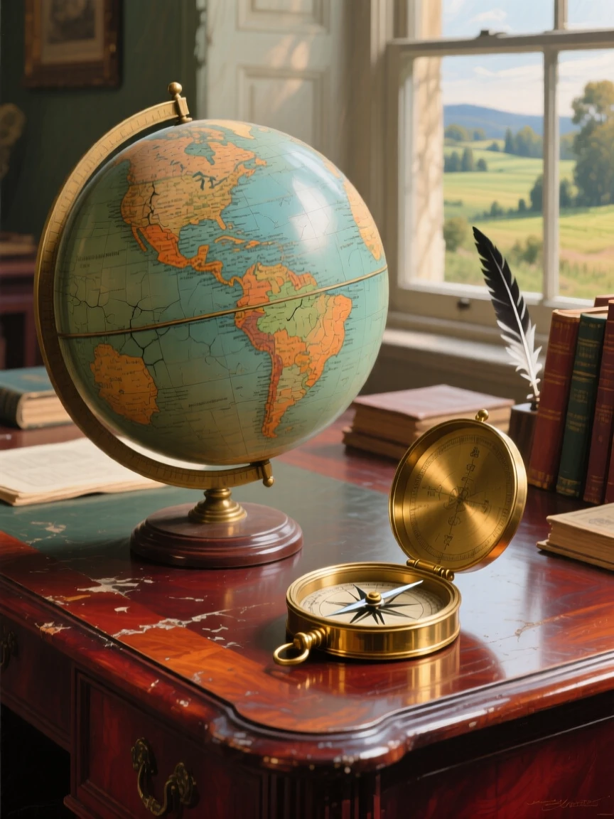 A detailed close shot of an old globe and brass compass on a mahogany desk, in the late 19th century, in the French countryside.
